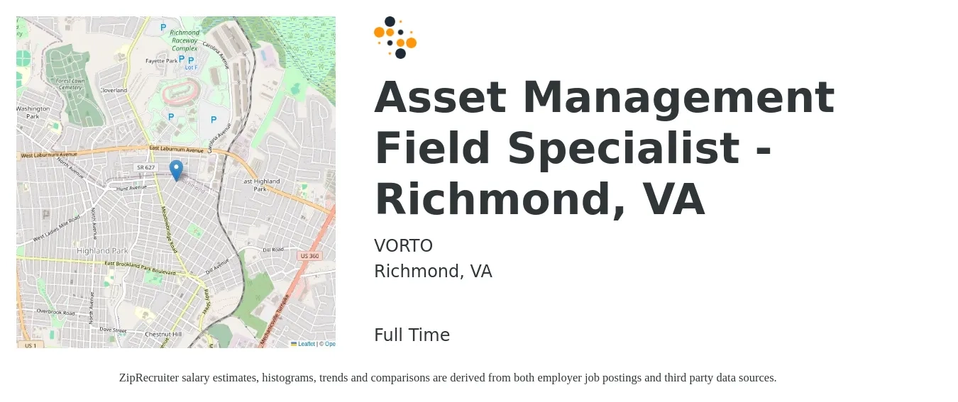 VORTO job posting for a Asset Management Field Specialist - Richmond, VA in Richmond, VA with a salary of $75,000 to $85,000 Yearly with a map of Richmond location.