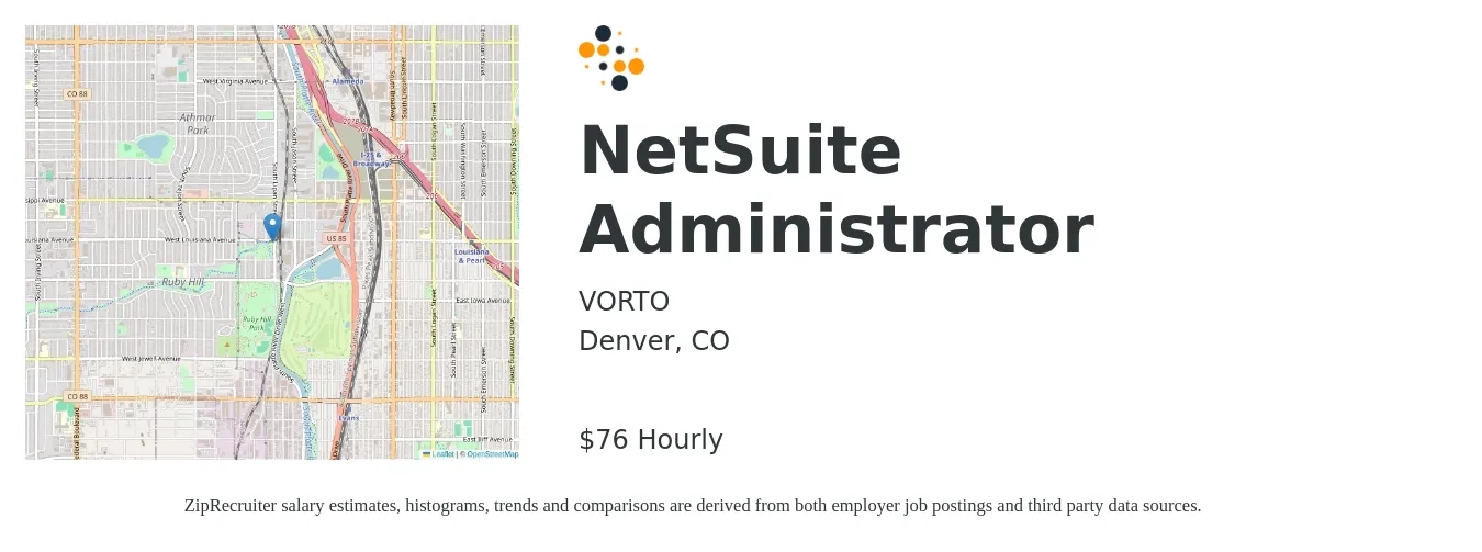 VORTO job posting for a NetSuite Administrator in Denver, CO with a salary of $80 Hourly with a map of Denver location.