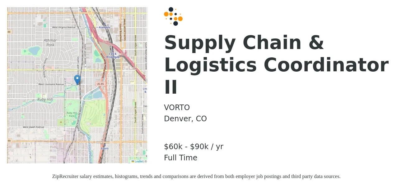 VORTO job posting for a Supply Chain & Logistics Coordinator II in Denver, CO with a salary of $60,000 to $90,000 Yearly with a map of Denver location.