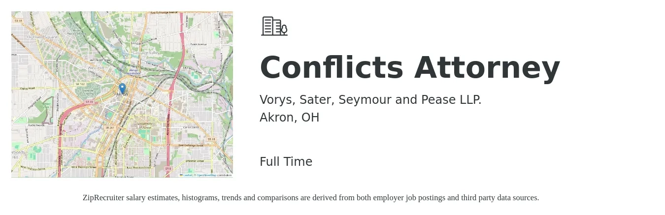 Vorys, Sater, Seymour and Pease LLP. job posting for a Conflicts Attorney in Akron, OH with a salary of $85,600 to $133,000 Yearly with a map of Akron location.