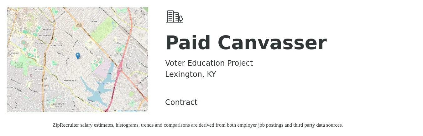 Voter Education Project job posting for a Paid Canvasser in Lexington, KY with a salary of $22 Hourly with a map of Lexington location.