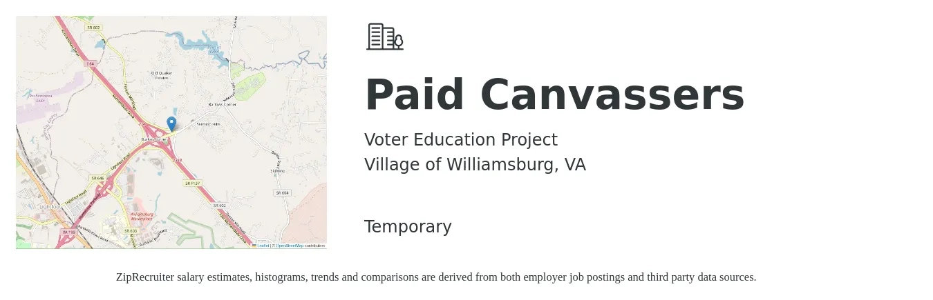Voter Education Project job posting for a Paid Canvassers in Village of Williamsburg, VA with a salary of $18 to $22 Hourly with a map of Village of Williamsburg location.