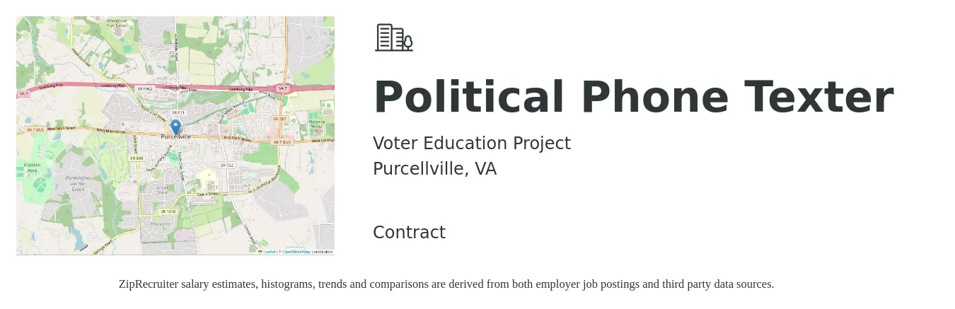 Voter Education Project job posting for a Political Phone Texter in Purcellville, VA with a salary of $22 Hourly with a map of Purcellville location.