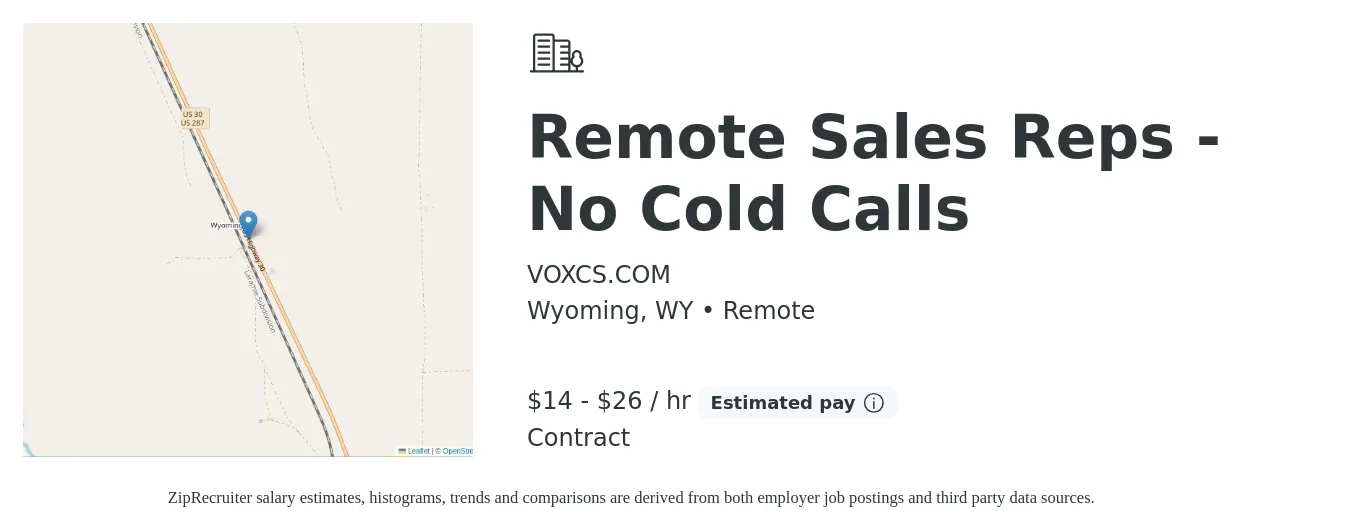 VOXCS.COM job posting for a Remote Sales Reps - No Cold Calls in Wyoming, WY with a salary of $15 to $28 Hourly (plus commission) with a map of Wyoming location.