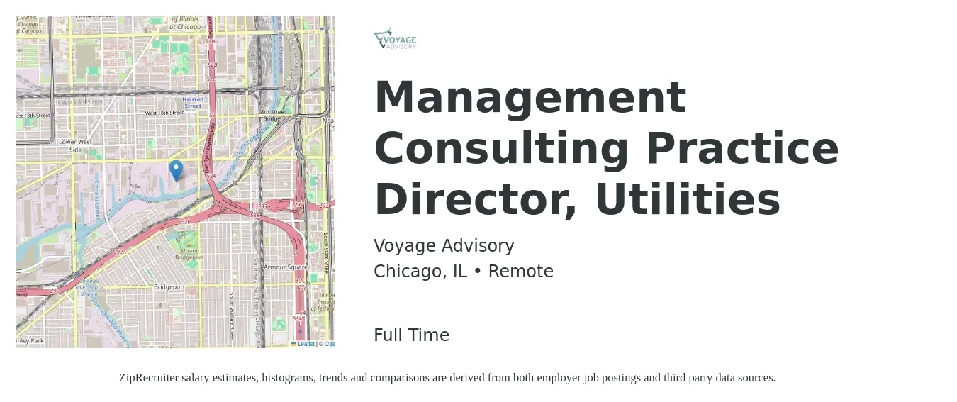 Voyage Advisory job posting for a Management Consulting Practice Director, Utilities in Chicago, IL with a salary of $99,000 to $180,400 Yearly with a map of Chicago location.