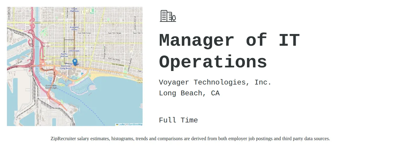 Voyager Technologies, Inc. job posting for a Manager of IT Operations in Long Beach, CA with a salary of $88,300 to $137,200 Annually and benefits including Medical, Vision, Dental, and Retirement with a map of Long Beach location.
