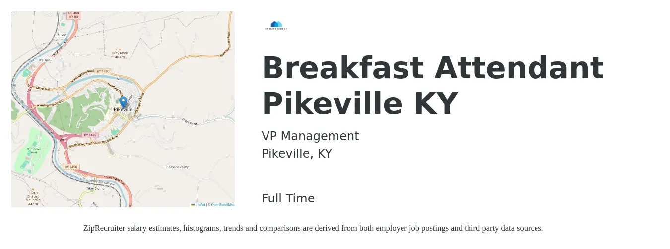 VP Management job posting for a Breakfast Attendant Pikeville KY in Pikeville, KY with a salary of $12 to $15 Hourly with a map of Pikeville location.