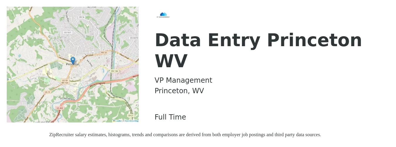 VP Management job posting for a Data Entry Princeton WV in Princeton, WV with a salary of $16 to $22 Hourly with a map of Princeton location.