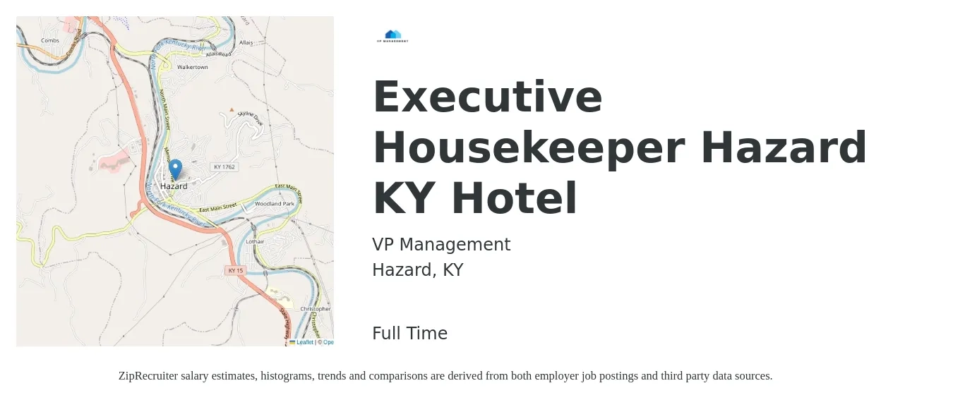 VP Management job posting for a Executive Housekeeper Hazard KY Hotel in Hazard, KY with a salary of $18 to $29 Hourly with a map of Hazard location.