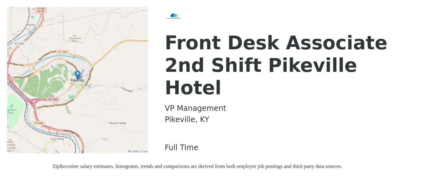 VP Management job posting for a Front Desk Associate 2nd Shift Pikeville Hotel in Pikeville, KY with a salary of $13 to $17 Hourly with a map of Pikeville location.