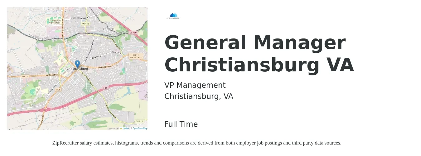 VP Management job posting for a General Manager Christiansburg VA in Christiansburg, VA with a salary of $45,800 to $68,400 Yearly with a map of Christiansburg location.