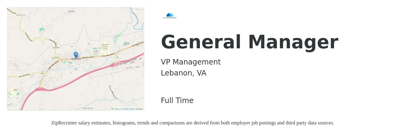 VP Management job posting for a General Manager in Lebanon, VA with a salary of $40,800 to $61,000 Yearly with a map of Lebanon location.