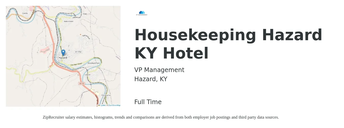 VP Management job posting for a Housekeeping Hazard KY Hotel in Hazard, KY with a salary of $15 to $18 Hourly with a map of Hazard location.