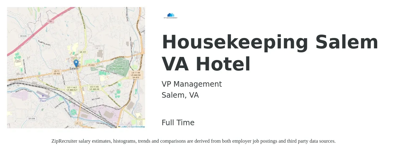 VP Management job posting for a Housekeeping Salem VA Hotel in Salem, VA with a salary of $14 to $18 Hourly with a map of Salem location.