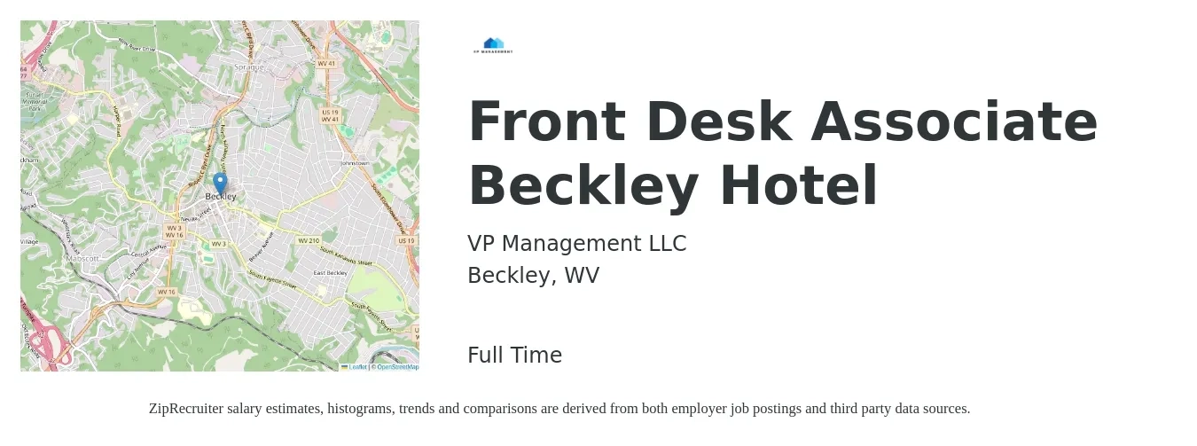 VP Management job posting for a Front Desk Associate Beckley Hotel in Beckley, WV with a salary of $14 to $18 Hourly with a map of Beckley location.