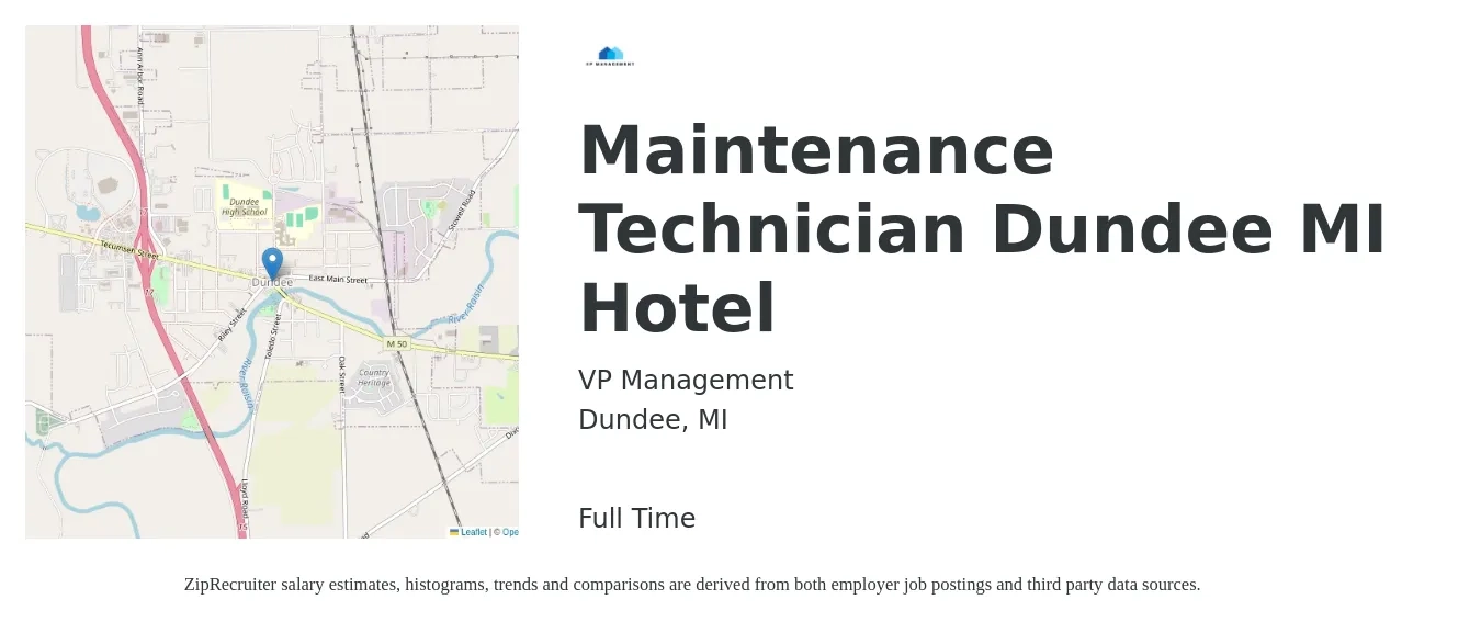 VP Management job posting for a Maintenance Technician Dundee MI Hotel in Dundee, MI with a salary of $15 to $20 Hourly with a map of Dundee location.