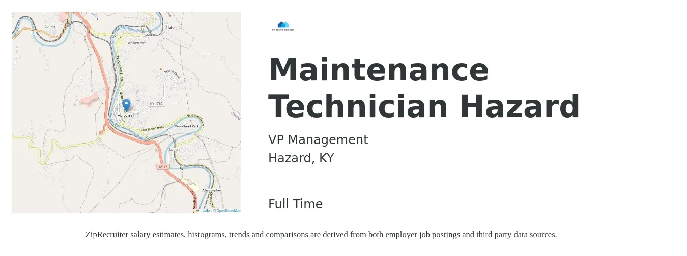 VP Management job posting for a Maintenance Technician Hazard in Hazard, KY with a salary of $20 to $28 Hourly with a map of Hazard location.