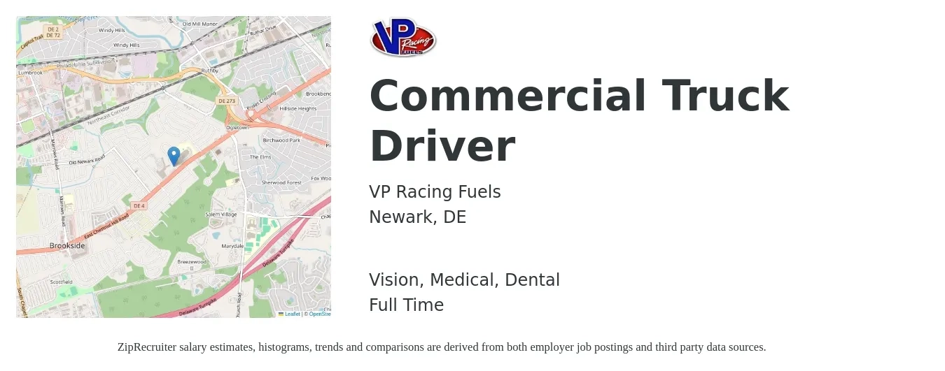VP Racing Fuels job posting for a Commercial Truck Driver in Newark, DE with a salary of $20 to $30 Hourly and benefits including dental, life_insurance, medical, retirement, and vision with a map of Newark location.