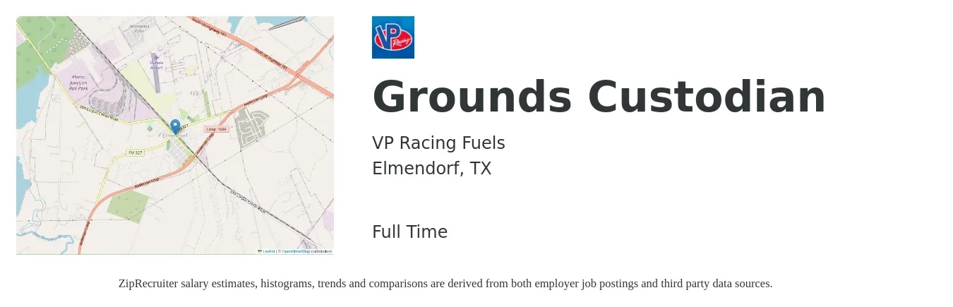 VP Racing Fuels job posting for a Grounds Custodian in Elmendorf, TX with a salary of $15 Hourly with a map of Elmendorf location.