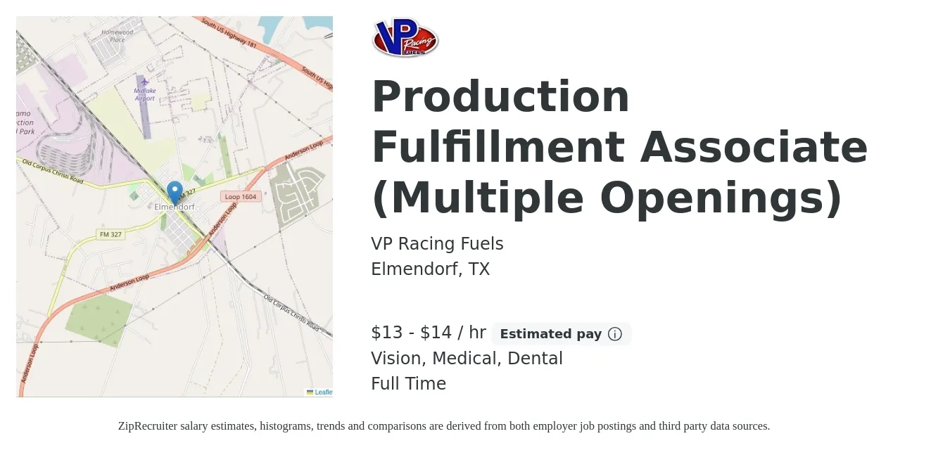 VP Racing Fuels job posting for a Production Fulfillment Associate (Multiple Openings) in Elmendorf, TX with a salary of $14 to $16 Hourly and benefits including retirement, vision, dental, life_insurance, medical, and pto with a map of Elmendorf location.