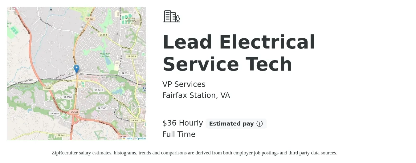VP Services job posting for a Lead Electrical Service Tech in Fairfax Station, VA with a salary of $38 Hourly with a map of Fairfax Station location.