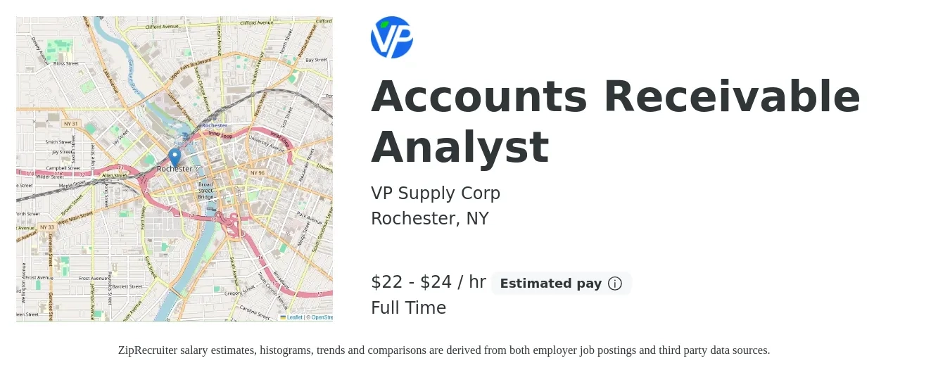VP Supply Corp job posting for a Accounts Receivable Analyst in Rochester, NY with a salary of $23 to $25 Hourly with a map of Rochester location.
