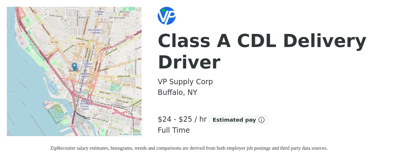 VP Supply Corp job posting for a Class A CDL Delivery Driver in Buffalo, NY with a salary of $25 to $27 Hourly with a map of Buffalo location.