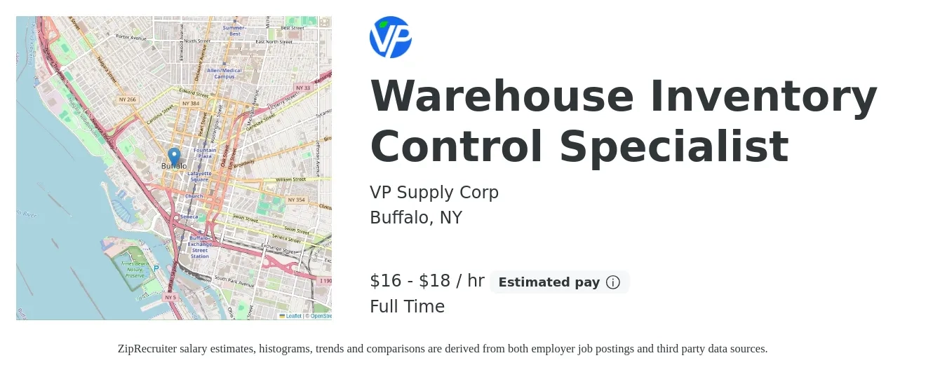 VP Supply Corp job posting for a Warehouse Inventory Control Specialist in Buffalo, NY with a salary of $17 to $19 Hourly with a map of Buffalo location.