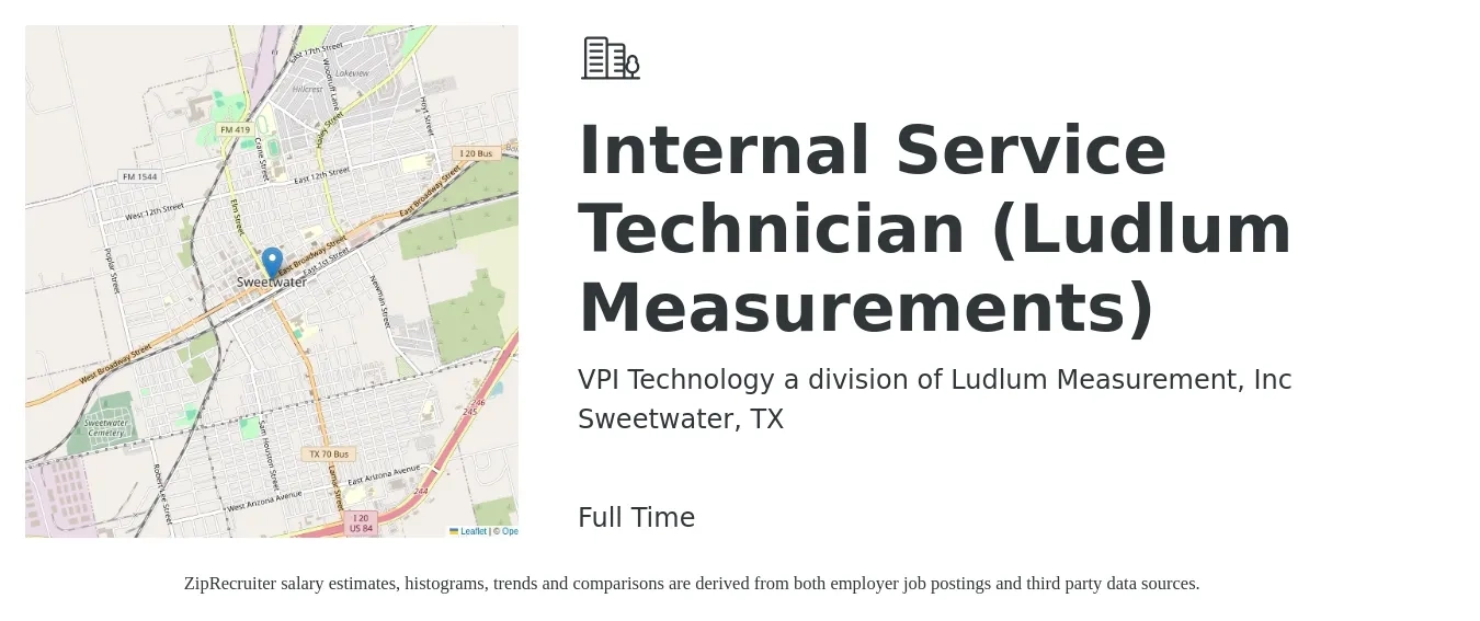 VPI Technology a division of Ludlum Measurement, Inc job posting for a Internal Service Technician (Ludlum Measurements) in Sweetwater, TX with a salary of $16 to $22 Hourly with a map of Sweetwater location.