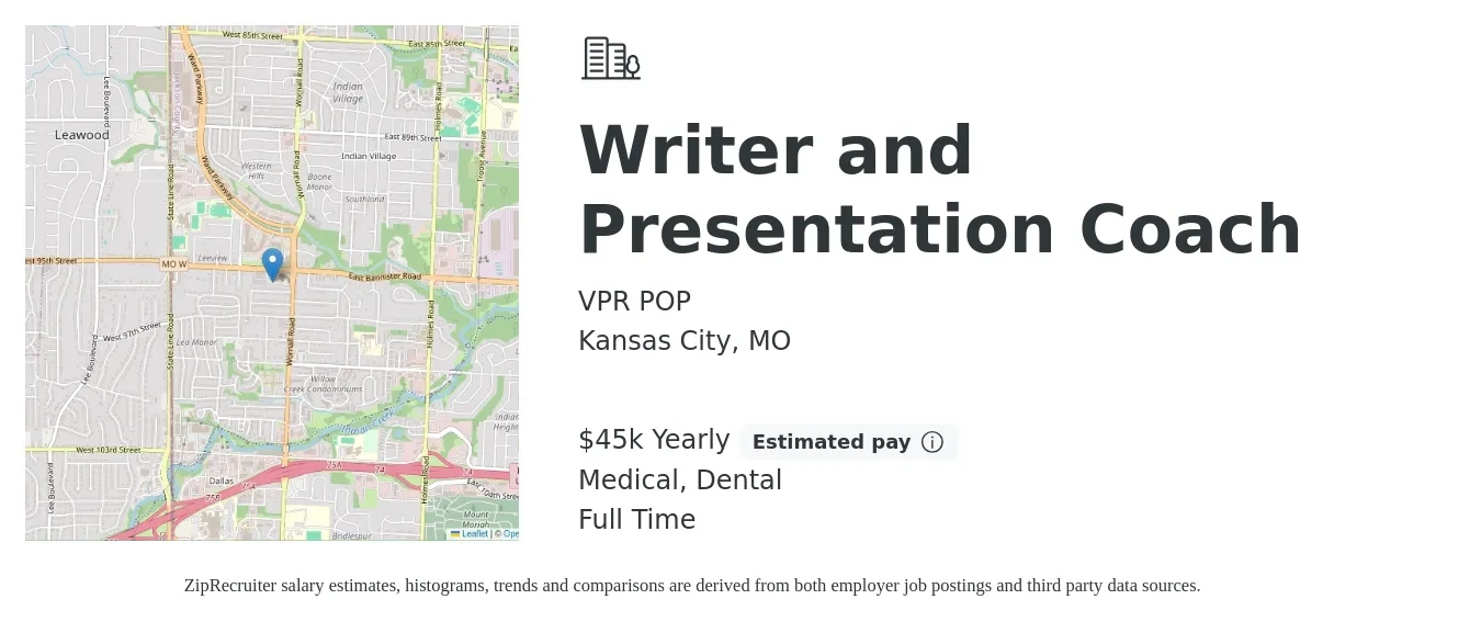 VPR POP job posting for a Writer and Presentation Coach in Kansas City, MO with a salary of $45,000 Yearly and benefits including retirement, dental, and medical with a map of Kansas City location.