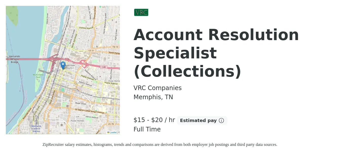 VRC Companies job posting for a Account Resolution Specialist (Collections) in Memphis, TN with a salary of $16 to $21 Hourly with a map of Memphis location.
