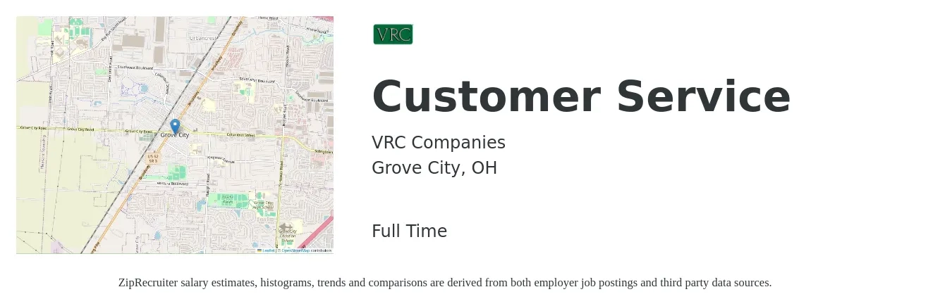 VRC Companies job posting for a Customer Service in Grove City, OH with a salary of $15 to $20 Hourly with a map of Grove City location.