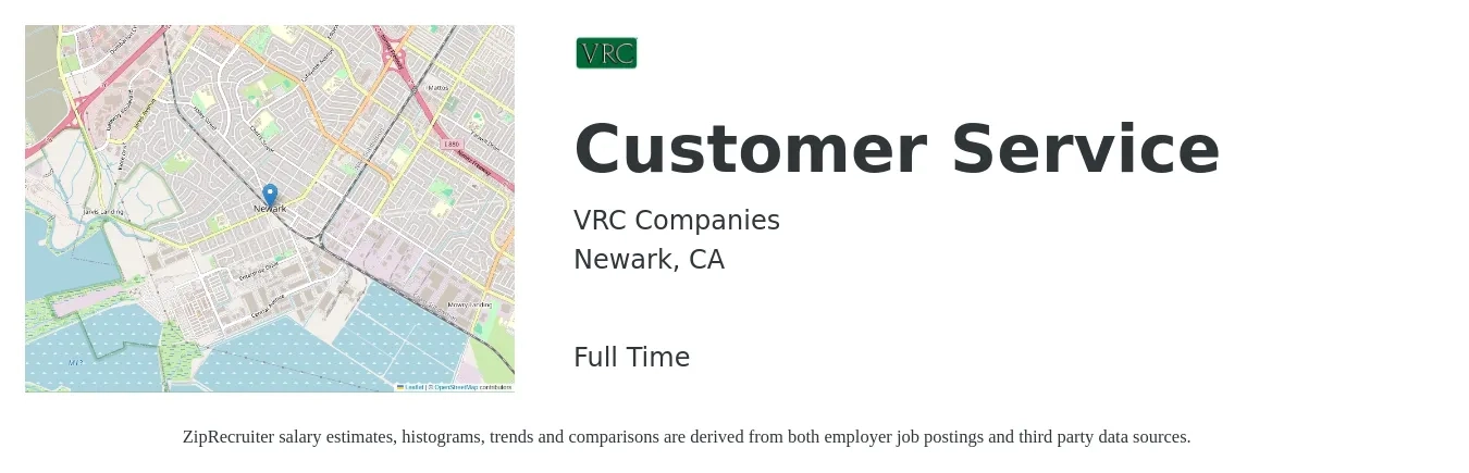VRC Companies job posting for a Customer Service in Newark, CA with a salary of $20 to $21 Hourly with a map of Newark location.