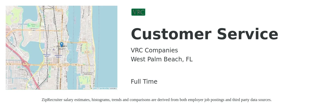 VRC Companies job posting for a Customer Service in West Palm Beach, FL with a salary of $16 to $21 Hourly with a map of West Palm Beach location.
