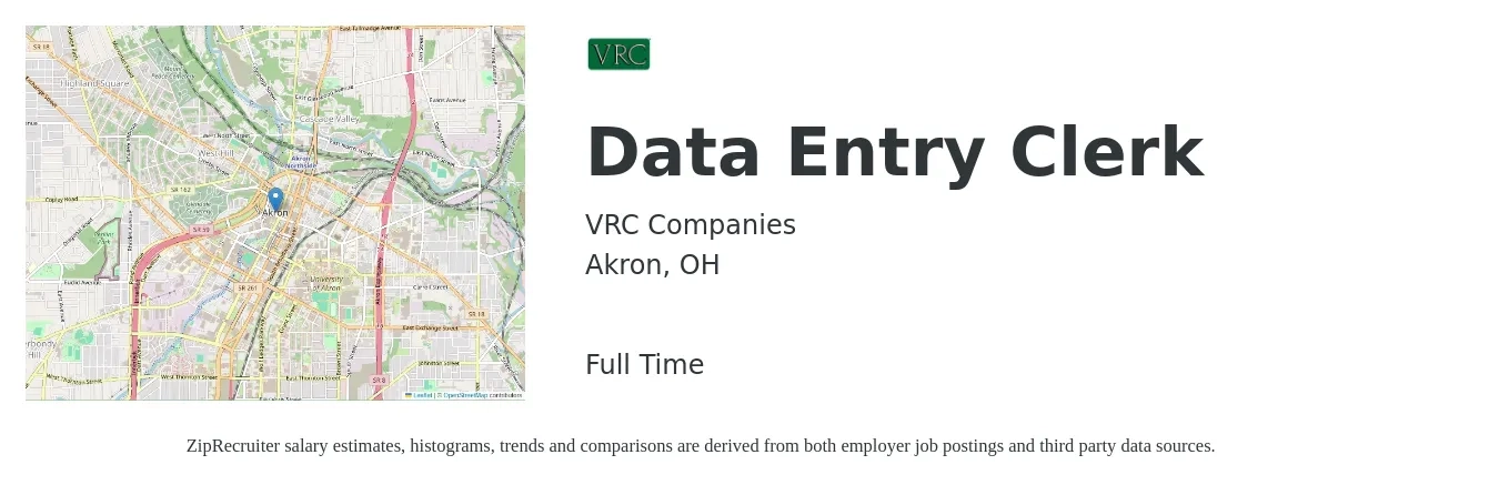 VRC Companies job posting for a Data Entry Clerk in Akron, OH with a salary of $16 to $22 Hourly with a map of Akron location.
