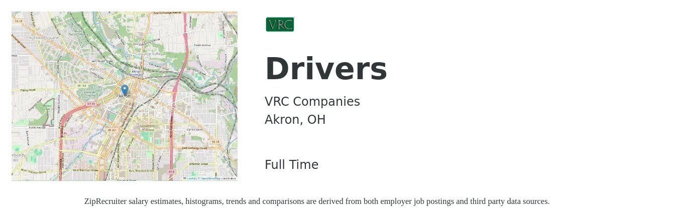 VRC Companies job posting for a Drivers in Akron, OH with a salary of $16 to $22 Hourly with a map of Akron location.