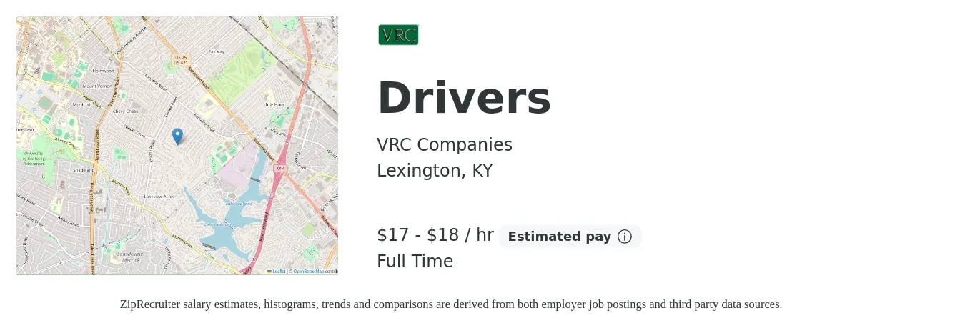VRC Companies job posting for a Drivers in Lexington, KY with a salary of $18 to $19 Hourly with a map of Lexington location.