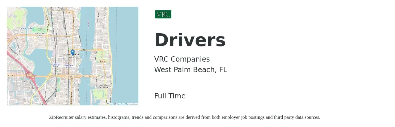 VRC Companies job posting for a Drivers in West Palm Beach, FL with a salary of $14 to $20 Hourly with a map of West Palm Beach location.