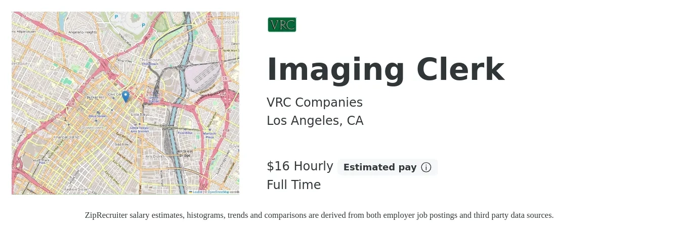 VRC Companies job posting for a Imaging Clerk in Los Angeles, CA with a salary of $17 to $19 Hourly with a map of Los Angeles location.