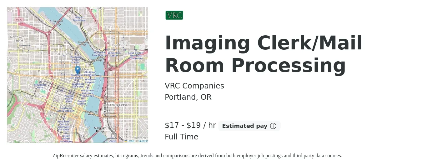 VRC Companies job posting for a Imaging Clerk/Mail Room Processing in Portland, OR with a salary of $17 to $21 Hourly with a map of Portland location.