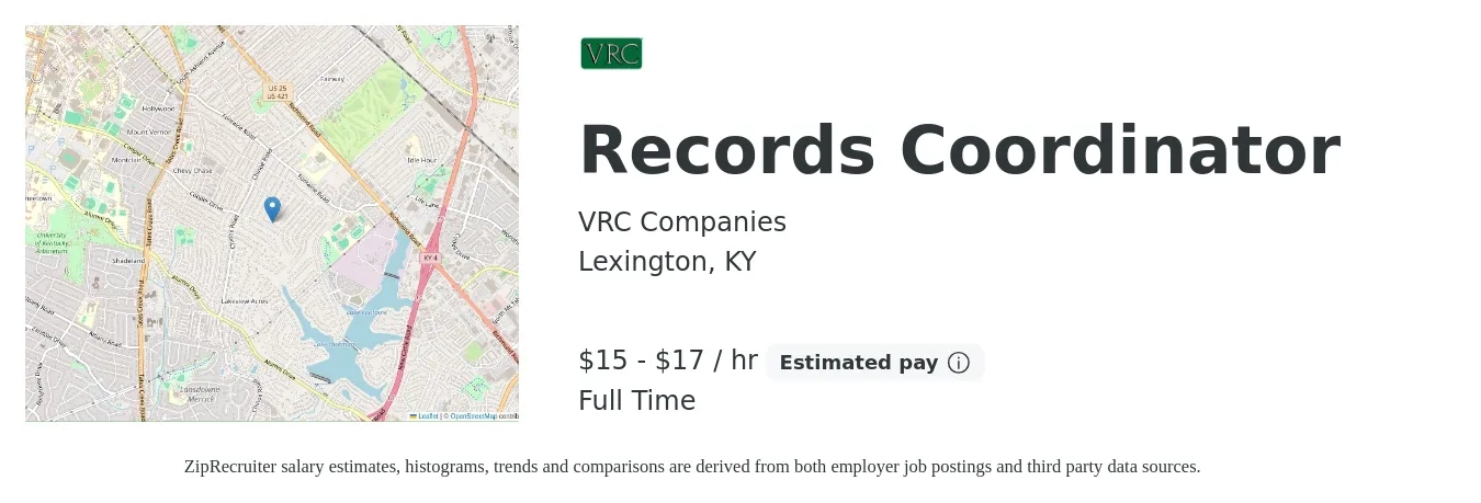 VRC Companies job posting for a Records Coordinator in Lexington, KY with a salary of $16 to $18 Hourly with a map of Lexington location.