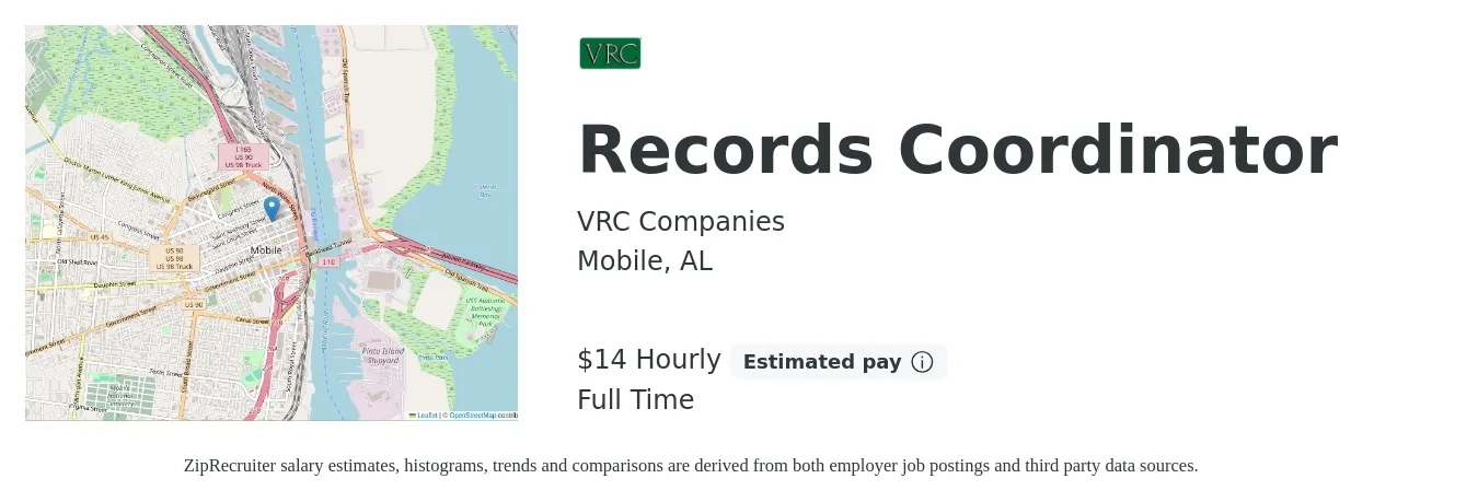VRC Companies job posting for a Records Coordinator in Mobile, AL with a salary of $15 Hourly with a map of Mobile location.