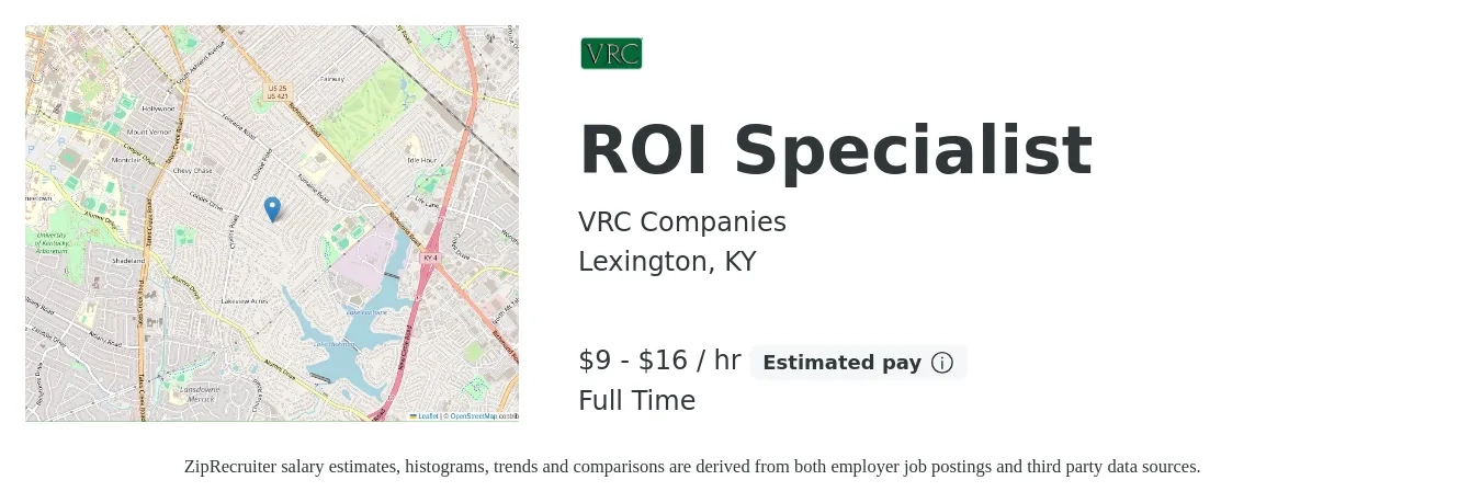 VRC Companies job posting for a ROI Specialist in Lexington, KY with a salary of $10 to $17 Hourly with a map of Lexington location.
