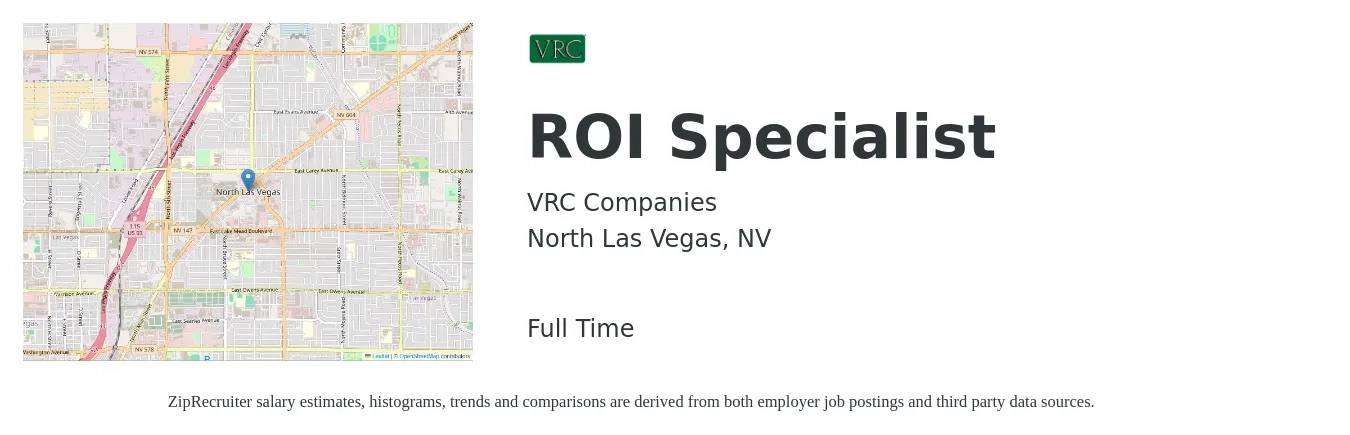 VRC Companies job posting for a ROI Specialist in North Las Vegas, NV with a salary of $15 to $20 Hourly with a map of North Las Vegas location.