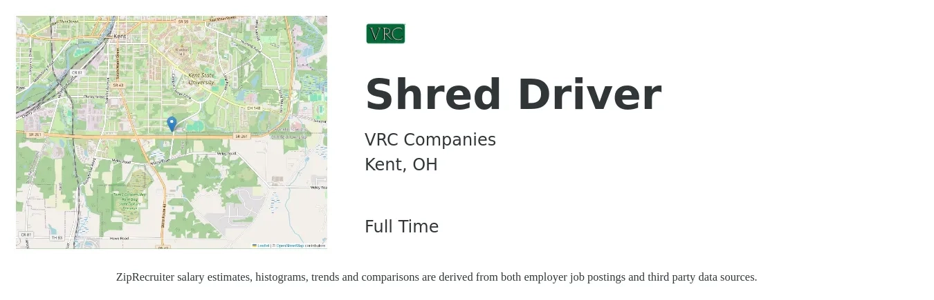 VRC Companies job posting for a Shred Driver in Kent, OH with a salary of $14 to $19 Hourly with a map of Kent location.