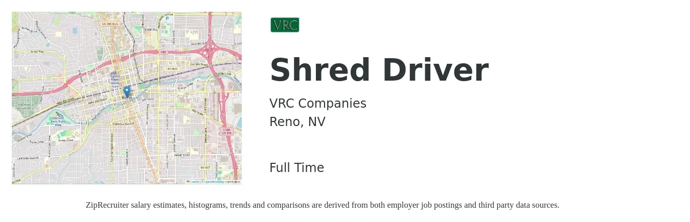 VRC Companies job posting for a Shred Driver in Reno, NV with a salary of $25 to $43 Hourly with a map of Reno location.