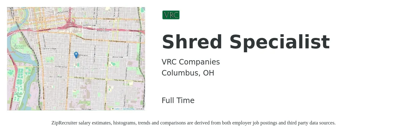 VRC Companies job posting for a Shred Specialist in Columbus, OH with a map of Columbus location.