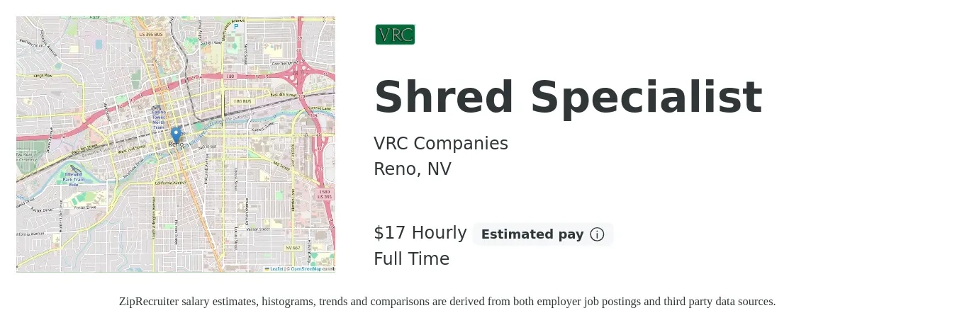 VRC Companies job posting for a Shred Specialist in Reno, NV with a salary of $18 Hourly with a map of Reno location.