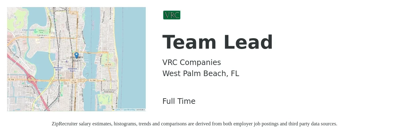 VRC Companies job posting for a Team Lead in West Palm Beach, FL with a salary of $16 to $24 Hourly with a map of West Palm Beach location.