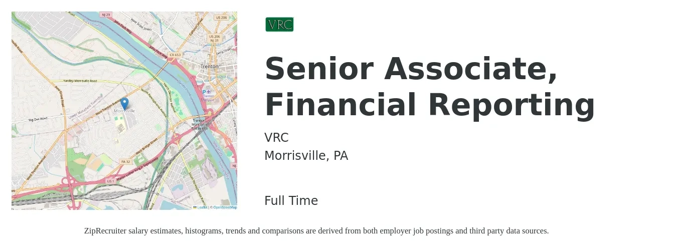 VRC job posting for a Senior Associate, Financial Reporting in Morrisville, PA with a salary of $64,200 to $83,700 Yearly with a map of Morrisville location.